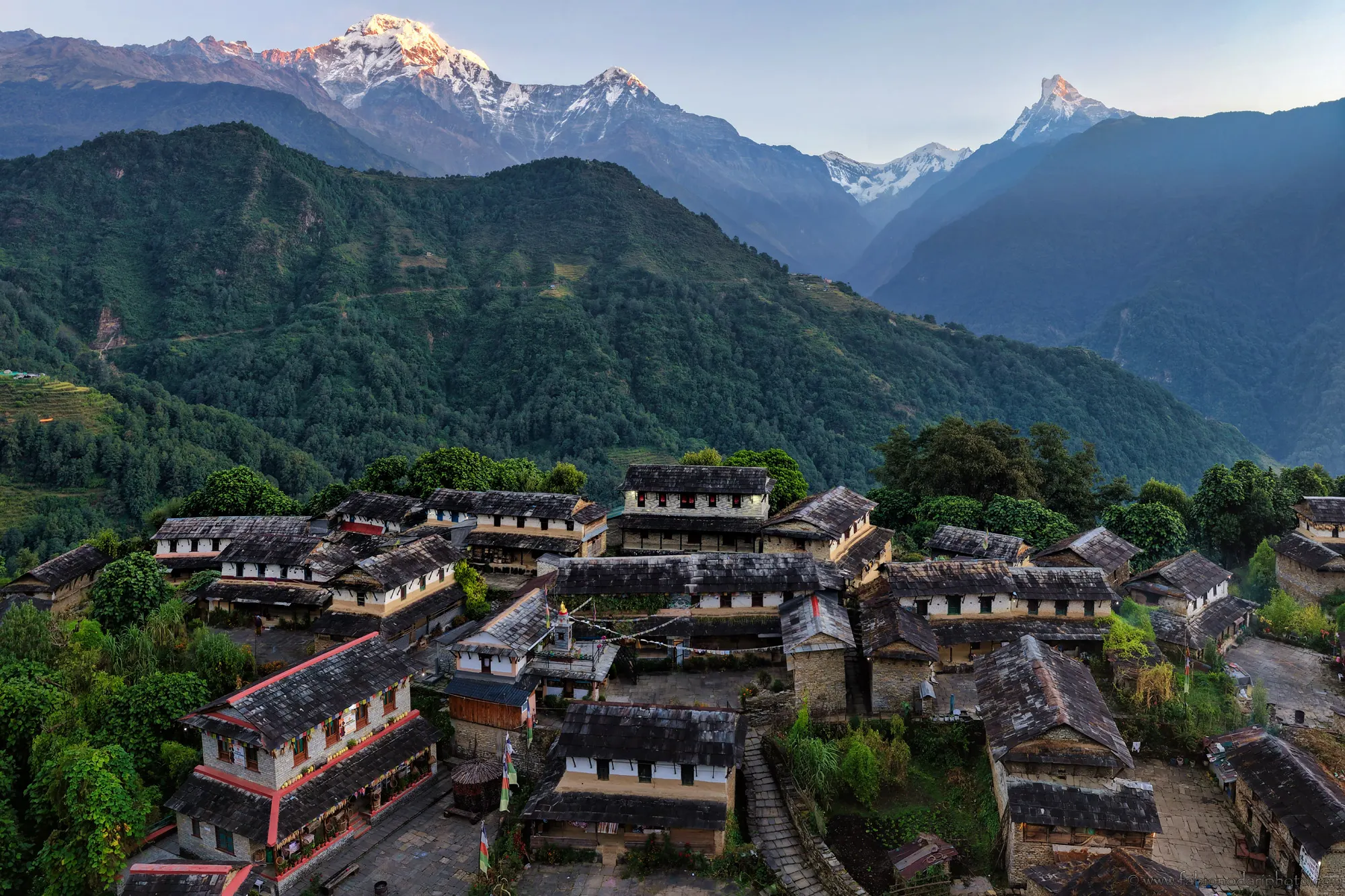 Illustration of Himalayan peaks and a pagoda temple